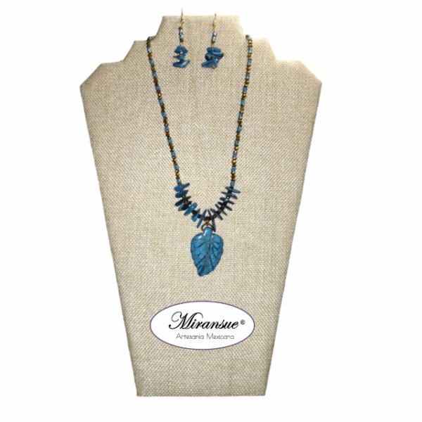 Set de Collar y Aretes 'Combinación Azul' con concha y cristal - Colección Hojas